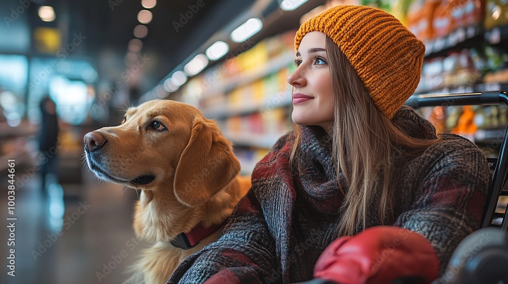 Poster young woman with a guide dog shopping independently in a supermarket highlighting accessibility and 