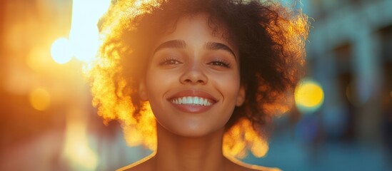 Portrait of a smiling woman with curly hair in a golden sunset.