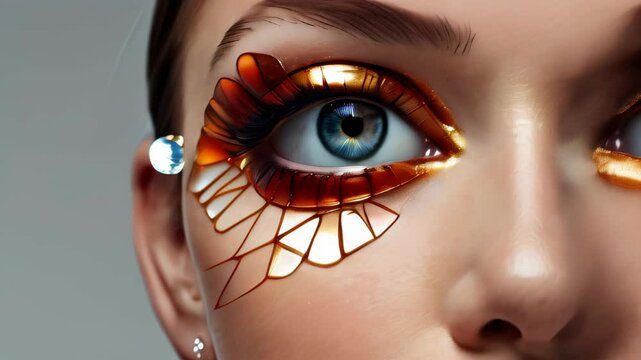 Creative makeup transformation showcasing an artistic butterfly design around the eye with vibrant colors during a photoshoot