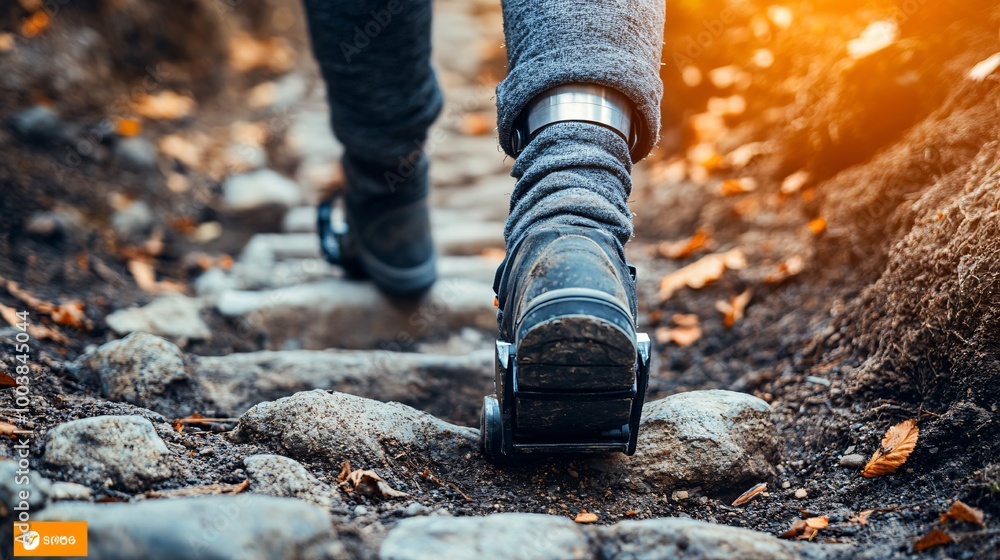 Poster man with a prosthetic leg climbing a mountain trail displaying resilience and overcoming challenges 