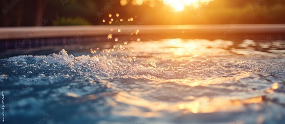 Poster closeup of water splashing in a pool with a sunset in the background.