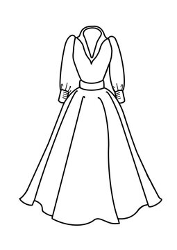 recommend clip art: A black and white line art illustration of an elegant ball gown with long sleeves and a high collar neckline. The dress features a fitted bodice with a deep V-shaped opening at the collar, accentuatin