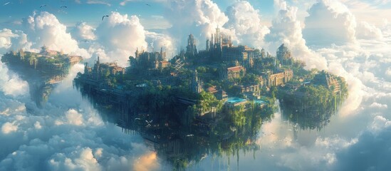 Enchanting Floating City in the Clouds with Lush Greenery and Majestic Architecture