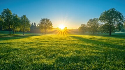 Beautiful Sunrise Over a Lush Green Meadow with Trees and Clear Blue Sky in the Background