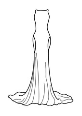 A black and white line art illustration of an elegant long evening gown with a fitted silhouette. The dress features a sleeveless design, a high neckline, and a mermaid-style skirt that flares out gen