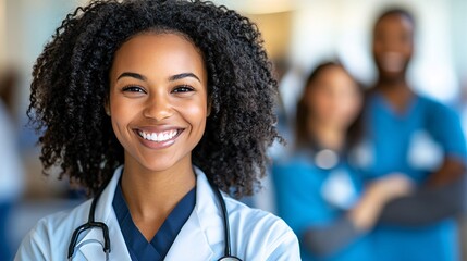 Doctor and nurse providing compassionate care to a patient in a hospital room emphasizing patient-centered healthcare Large space for text in center Stock Photo with copy space