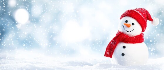 Obraz premium A snowman wears a red hat and scarf He stands distinctly in the snow, contrasting against the blurred background