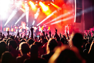 concert scene with a cheering crowd, illuminated by colorful lights, capturing the energy and excitement of live music.