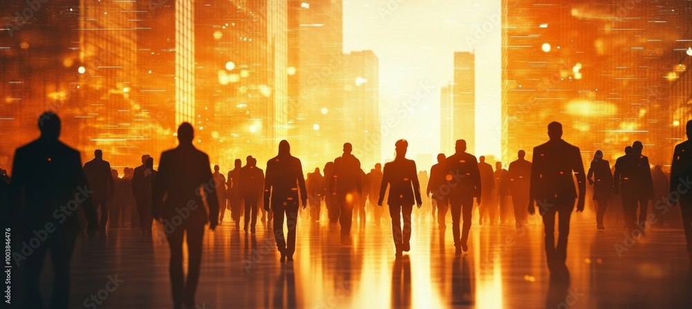 Poster silhouette of working people walking. company teamwork job. generative ai technology.