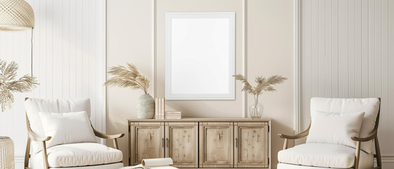Contemporary Relaxing Space with Armchairs and Sideboard, Featuring White Mockup Frame.