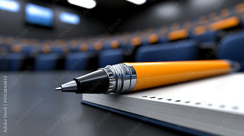 Poster a pen and notebook ready to capture ideas in a conference room setting: a close-up shot of a pen res