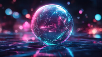 Futuristic 3D holographic sphere with complex geometric patterns