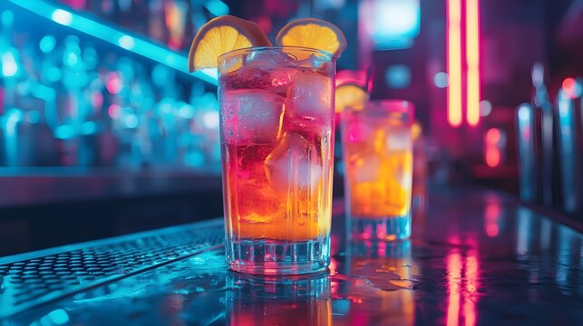 Exotic cocktails in a variety of colors displayed on a bar counter, with reflections of neon lights from the bustling club scene around them