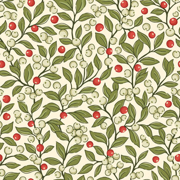 Retro Christmas Mistletoe Foliage and Berries Vector Seamless Pattern. Festive Evergreen Greenery Arrangement. Winter Holidays Botanical Print. Nostalgic Spirit.