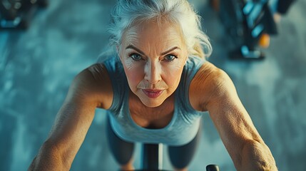 Focused senior woman on an exercise bike, overhead shot, fitness center with active people around, promoting healthy senior fitness