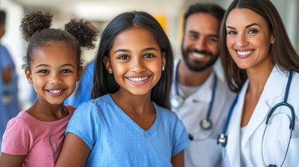 Multigenerational family waiting for medical check-ups in a hospital lobby highlighting equal healthcare access for all ages Large space for text in center Stock Photo with copy space