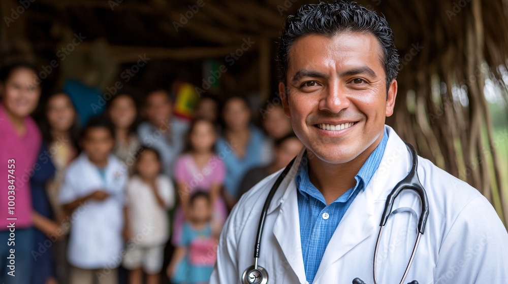 Poster doctor conducting a home visit to a family in a rural area providing healthcare services directly in