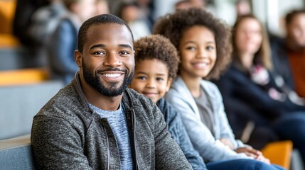Multigenerational family waiting for medical check-ups in a hospital lobby highlighting equal healthcare access for all ages Large space for text in center Stock Photo with copy space
