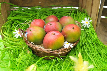 Ambiance Pâques,  mangues, fraises et oeufs