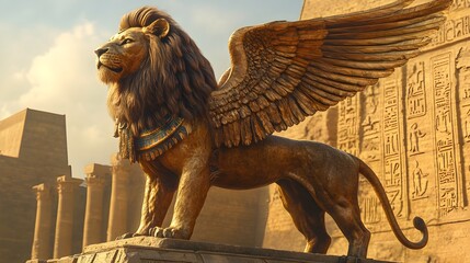 Golden-winged lion standing proud, with detailed Babylonian carvings and ruins in the background, evoking the mysticism of an ancient empire