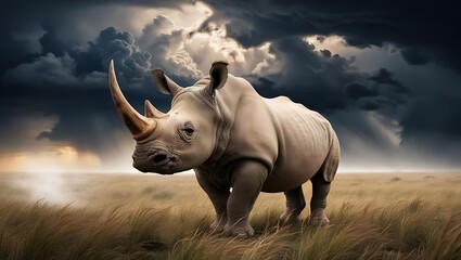 Obraz premium This powerful image features a majestic rhinoceros standing tall in an open field, set against a backdrop of dramatic, dark clouds. The looming storm clouds fill the sky with an ominous intensity