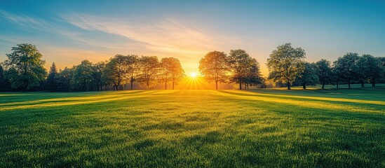 Naklejka premium Sunrise Over a Serene Green Field with Trees and Clear Sky in the Background