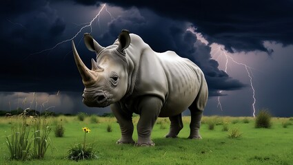 Obraz premium This powerful image features a majestic rhinoceros standing tall in an open field, set against a backdrop of dramatic, dark clouds. The looming storm clouds fill the sky with an ominous intensity