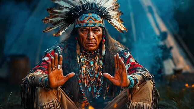 Indian chief at a campfire 4k