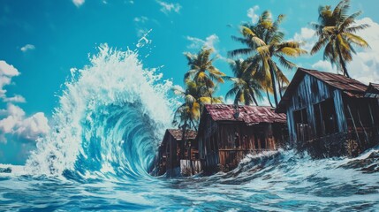 Obraz premium A resort with coconut trees on an island surrounded by tsunami waves in the middle of a blue background. World Tsunami Awareness Day.