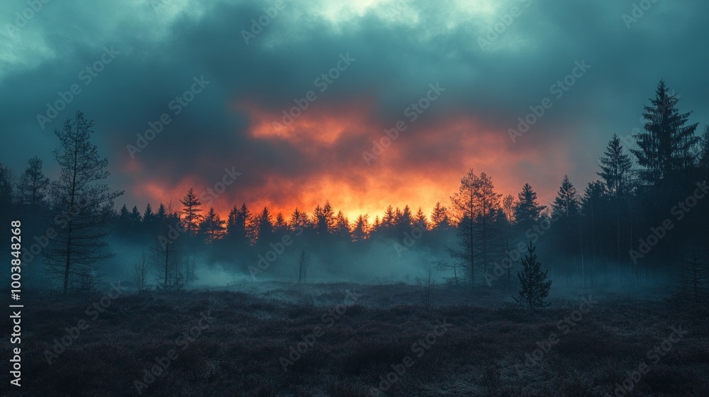 Poster a forest with trees and a foggy sky