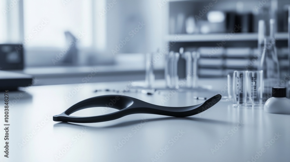 Poster a black, curved tool lays on a white surface in a laboratory setting. there are several other tools 
