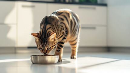 Bengal cat is enjoying a eats from a metal bowl in a modern kitchen, bathed in warm sunlight