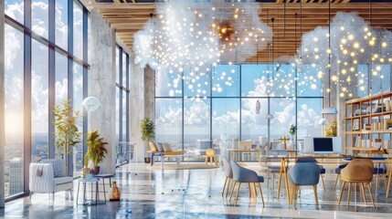 Modern Office Interior with Scenic City View