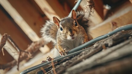 Squirrel Chewing Wires and Causing Structural Damage in Attic Pest Control Concept © Bussakon