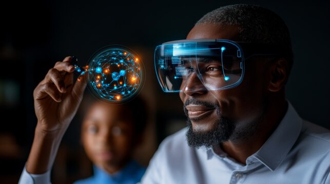 The Future in Focus: A father and son explore the immersive world of virtual reality, their faces lit by the glow of digital innovation.