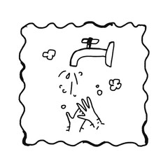 illustration of beauty elements: hands under the tap. drawing of wash hands, hand washing under the tap, linear style isolated on white. Hygiene symbol. Childish naive doodle vector art