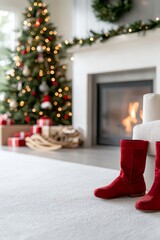 Obraz premium A red pair of boots atop a white couch, before a Christmas tree in the living room
