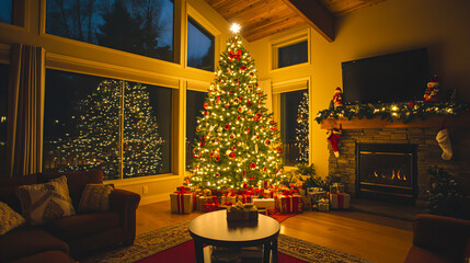 Cozy Christmas Living Room with Decorated Tree