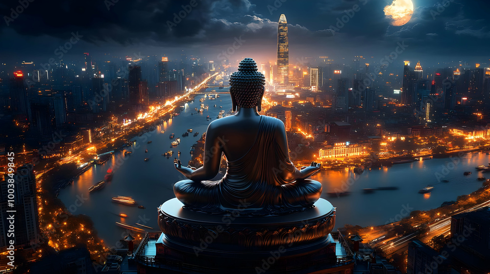 Sticker Buddha Statue Gazing Over Night Cityscape