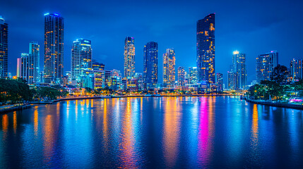 Vibrant City Skyline Reflected in Water at Night