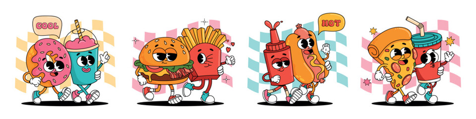 Cartoon Fast Food Characters Walking Together