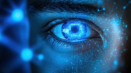 Close-up of a human eye with digital binary code and futuristic graphical elements overlay, representing concepts of cyber technology and biometric security.