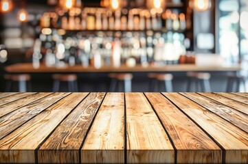 Empty wooden tabletop with blurred pub background