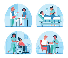 Healthcare professionals assisting patients in medical scenarios