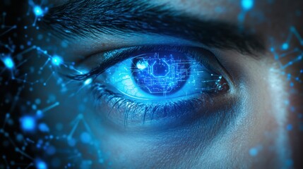 Fototapeta premium Close-up of a human eye with futuristic digital overlays, symbolizing concepts of cyberspace, augmented reality, or advanced biometric technology in a sci-fi context.