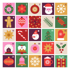 Merry Christmas advent calendar with geometric icons. Modern minimalist holiday stickers. Candy cane, Santa, Christmas tree, holly, gifts. Xmas poster, banner, card. Vector flat illustration.