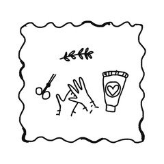 card of beauty elements: scissors, hands, cream. Hand drawn doodle illustration. Childish naive vector art
