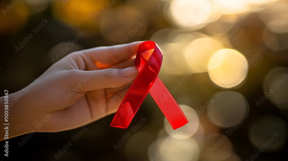 Poster Close-up of a hand holding a red ribbon symbolizing support for World AIDS Day with a blurred background highlighting the significance Large space for text in center Stock Photo with copy space
