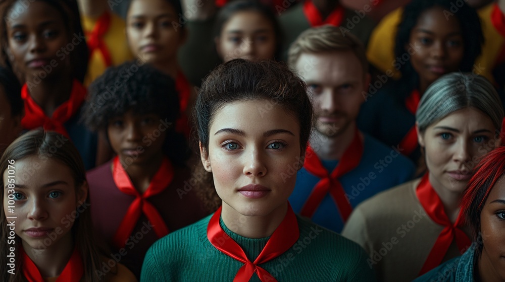 Poster Group of diverse people holding red ribbons together in unity showing solidarity and support for those living with HIV Large space for text in center Stock Photo with copy space