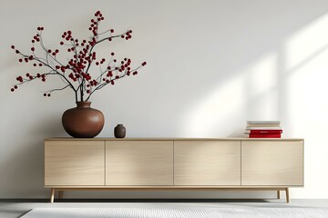 Aesthetic arrangement of a Japandi living room interior featuring copy space a wooden sideboard a round vase with red rowan books a bright carpet white walls and personal accessories Home decor